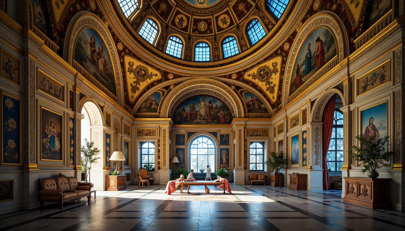 Prompt: Intricate gold mosaics, vibrant blue hues, ornate Christian symbols, lavish imperial architecture, grand domed structures, ornamental arches, marble floors, intricate stone carvings, rich textiles, opulent furnishings, majestic lighting, dramatic shadows, high contrast ratios, 1/1 composition, realistic reflections, ambient occlusion.