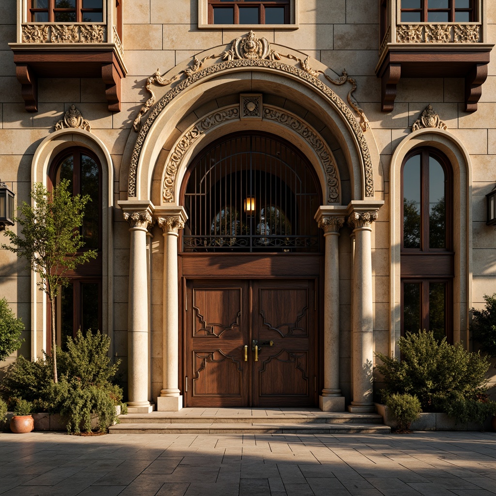 Prompt: Rustic warehouse exterior, Byzantine-inspired facade, ornate stone carvings, arched windows, intricate mosaics, grand entrance doors, industrial metal beams, distressed wooden accents, earthy color palette, warm golden lighting, dramatic shadowing, 1/2 composition, close-up shot, realistic textures, ambient occlusion.