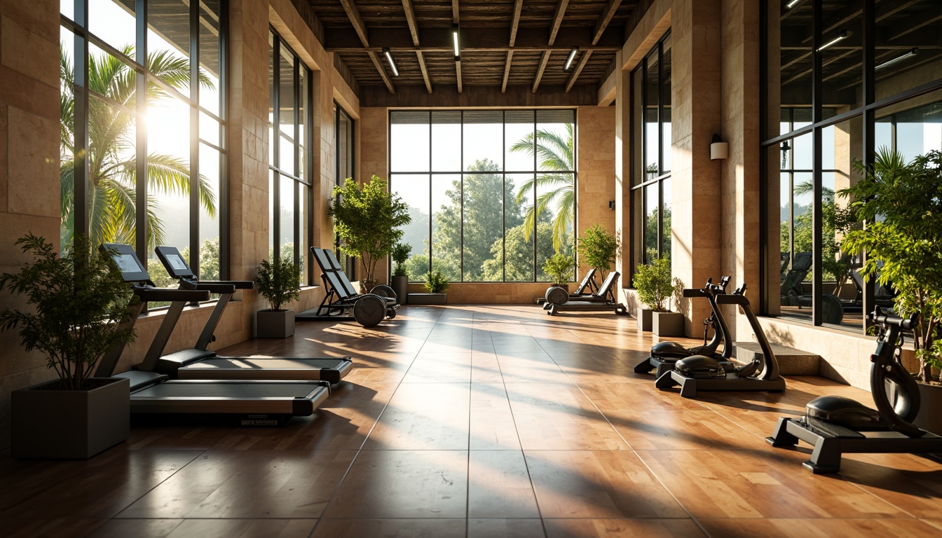 Prompt: Vibrant fitness club, sleek modern equipment, mirrored walls, polished wooden floors, natural stone accents, floor-to-ceiling windows, abundant sunlight, soft warm glow, subtle shadows, calming ambiance, lush greenery, tropical plants, refreshing color scheme, energizing atmosphere, high ceilings, open spaces, panoramic views, shallow depth of field, 3/4 composition, realistic textures, ambient occlusion.