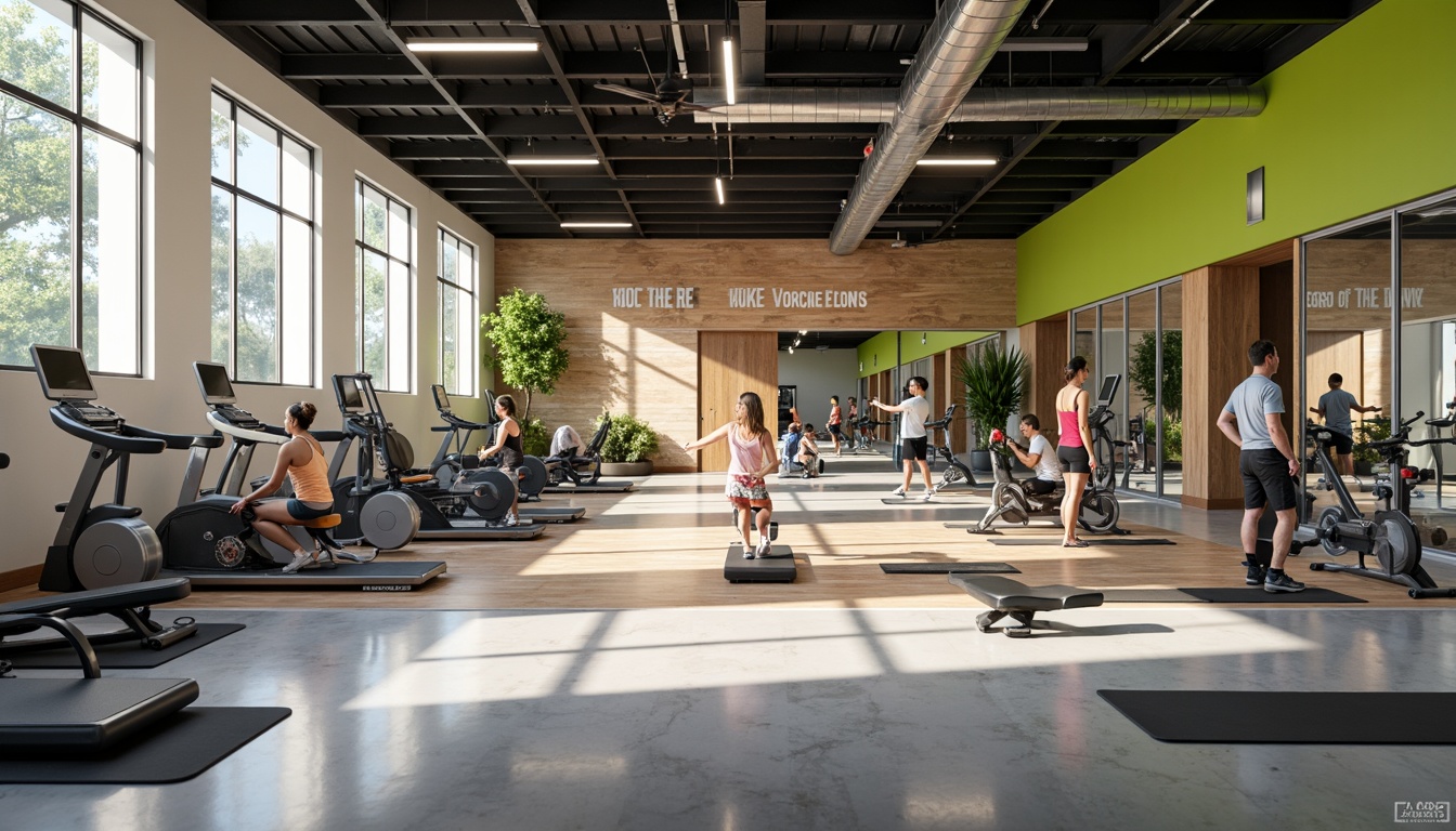 Prompt: Modern fitness center interior, bright color scheme, high ceilings, polished concrete floors, mirrored walls, state-of-the-art exercise equipment, free weights area, cardio zone, yoga studio, spinning room, locker rooms, showers, wooden accents, industrial-style lighting, motivational quotes, athletic flooring, sound-absorbing materials, open layout, functional zones, natural light, airy atmosphere, 3/4 composition, shallow depth of field, realistic textures.