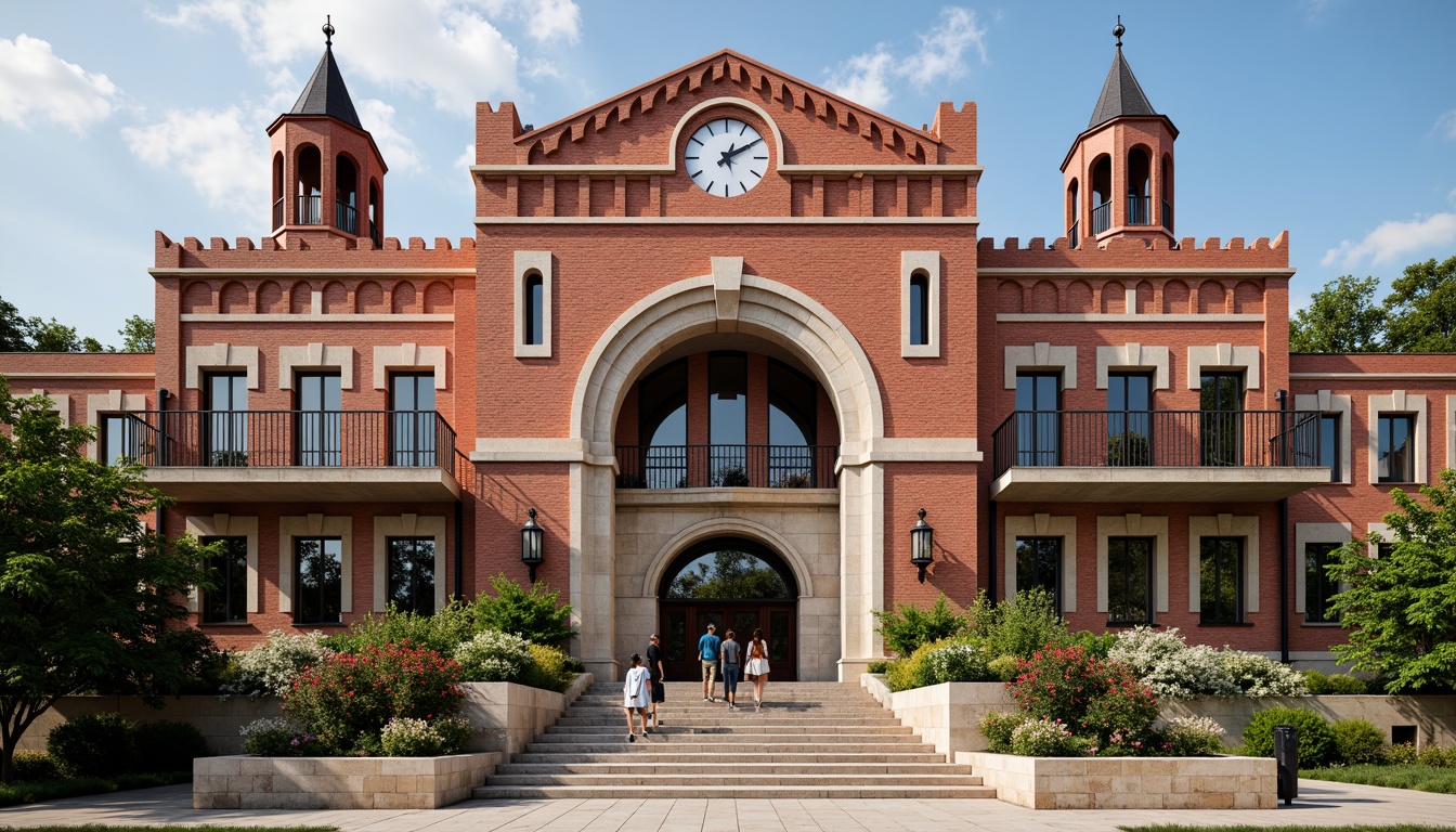 Prompt: Rustic red brick fa\u00e7ade, ornate stonework, grand entrance archways, intricate concrete patterns, imposing clock towers, symmetrical composition, balanced proportions, monumental staircase, ornamental metal railings, vintage lampposts, lush greenery, vibrant flowers, educational signage, weathered copper accents, industrial-style windows, minimalist decorative trims, geometrically-inspired architectural details, warm afternoon sunlight, soft shadows, 1/2 composition, realistic textures, ambient occlusion.