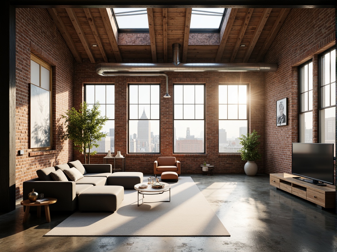 Prompt: Industrial-chic loft interior, exposed brick walls, polished concrete floors, minimalist decor, floor-to-ceiling windows, clerestory windows, skylights, natural light pouring in, airy atmosphere, open-plan living area, modern furniture, sleek metal beams, wooden accents, urban landscape views, cityscape backdrop, warm afternoon sunlight, soft diffused lighting, shallow depth of field, 1/1 composition, realistic textures, ambient occlusion.