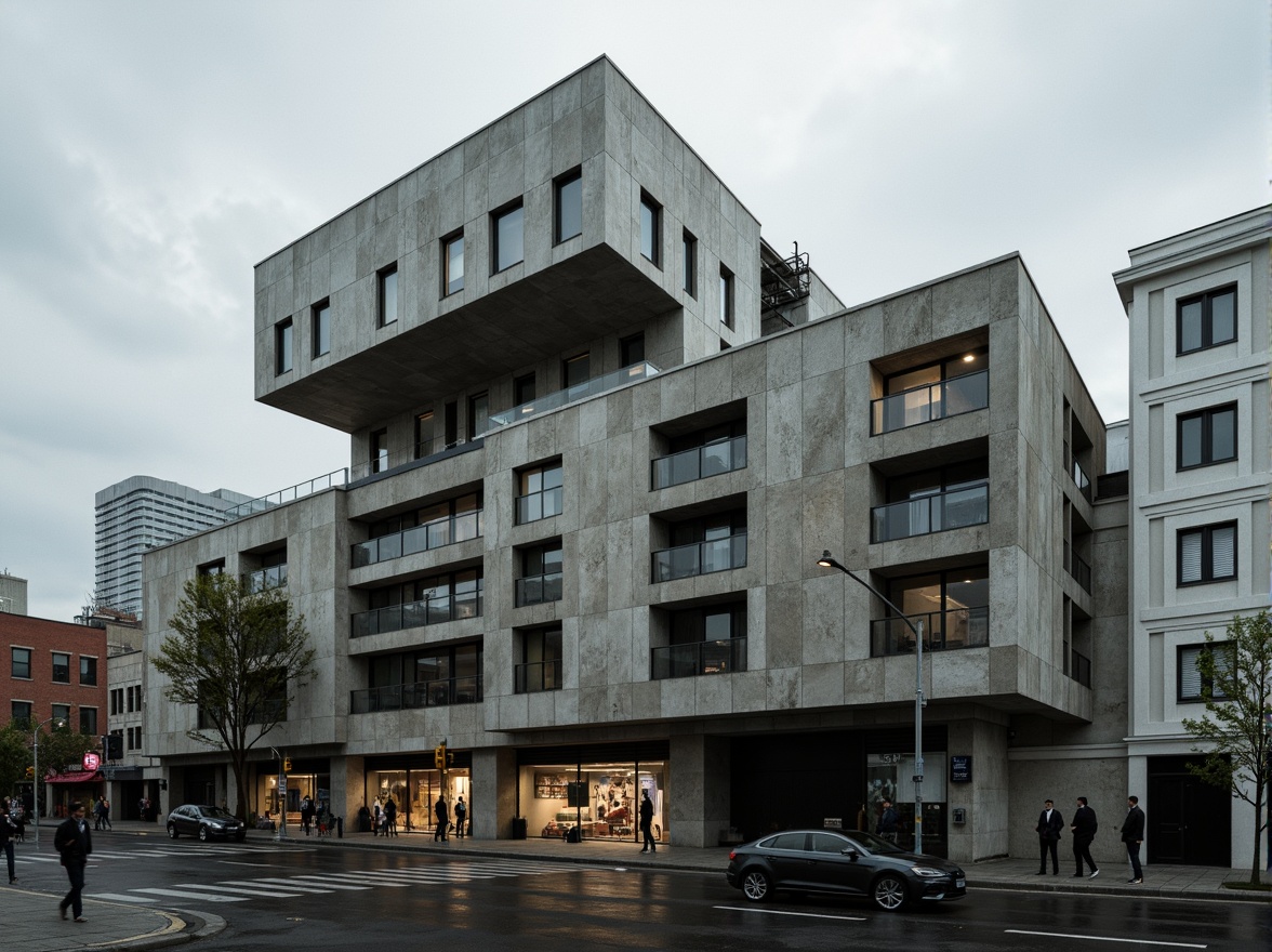 Prompt: Rugged brutalist building, raw concrete textures, fortress-like architecture, angular geometric shapes, industrial aesthetic, urban cityscape, overcast sky, dramatic shadows, high-contrast lighting, bold architectural forms, monumental scale, functional minimalism, exposed ductwork, steel beams, industrial materials, brutalist sculptures, abstract murals, harsh urban environment, 3/4 composition, low-angle shot, gritty realistic textures, cinematic atmosphere.