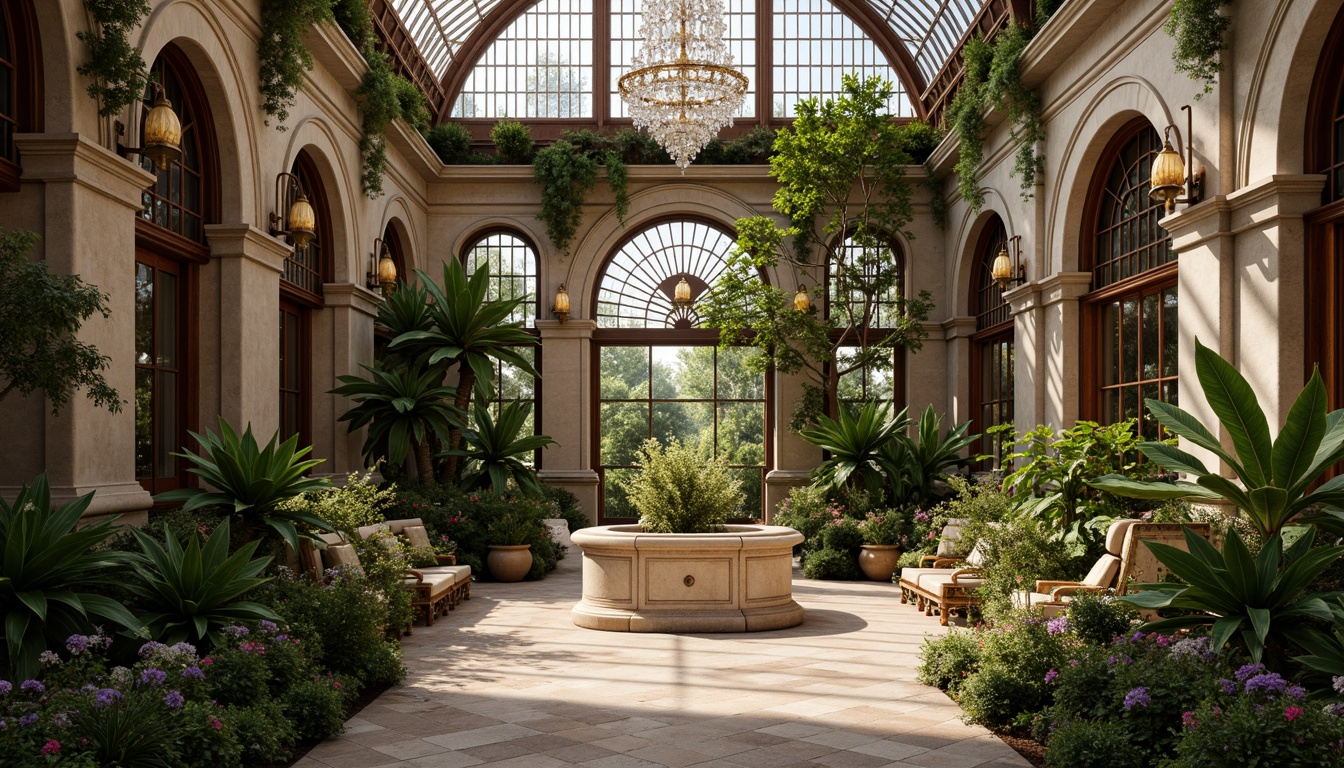 Prompt: Lavish greenhouse, intricate stone carvings, ornate metalwork, grandiose archways, lush greenery, exotic tropical plants, vibrant flowers, delicate glass ornaments, sparkling crystal chandeliers, majestic wooden doors, rich velvet drapes, opulent furnishings, soft warm lighting, shallow depth of field, 3/4 composition, symmetrical view, realistic textures, ambient occlusion, Baroque-inspired details, curved lines, intricate patterns, gilded accents, marble columns.