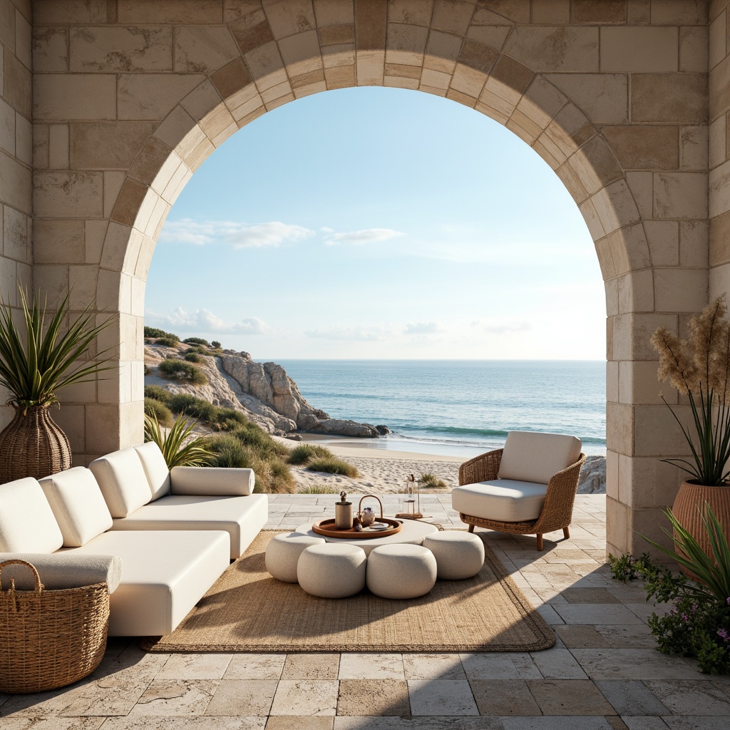 Prompt: Soft azure skies, warm sandy dunes, gentle ocean waves, beachy textures, driftwood accents, sea salt spray, creamy whites, weathered stone walls, natural linen fabrics, woven baskets, rustic wooden furniture, cozy lantern lighting, soft focus photography, 1/2 composition, warm color grading, subtle lens flares.