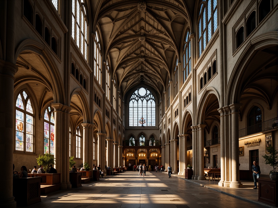 Prompt: Intricate stone carvings, grandiose archways, vaulted ceilings, stunning stained glass windows, ornate pinnacles, pointed ribbed vaults, flying buttresses, majestic entrance halls, elaborate frescoes, mystical atmosphere, warm soft lighting, dramatic shadows, 1/2 composition, low-angle shot, rich textures, ambient occlusion.