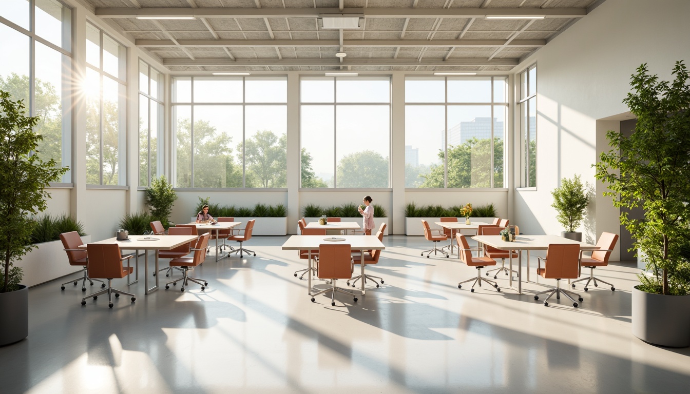 Prompt: Vibrant classroom interior, abundance of natural light, floor-to-ceiling windows, minimal obstructions, reflective white surfaces, sleek modern furniture, ergonomic chairs, collaborative workstations, greenery-filled planters, airy atmosphere, soft warm glow, gentle shadows, 1/1 composition, subtle gradient lighting, realistic textures, ambient occlusion.