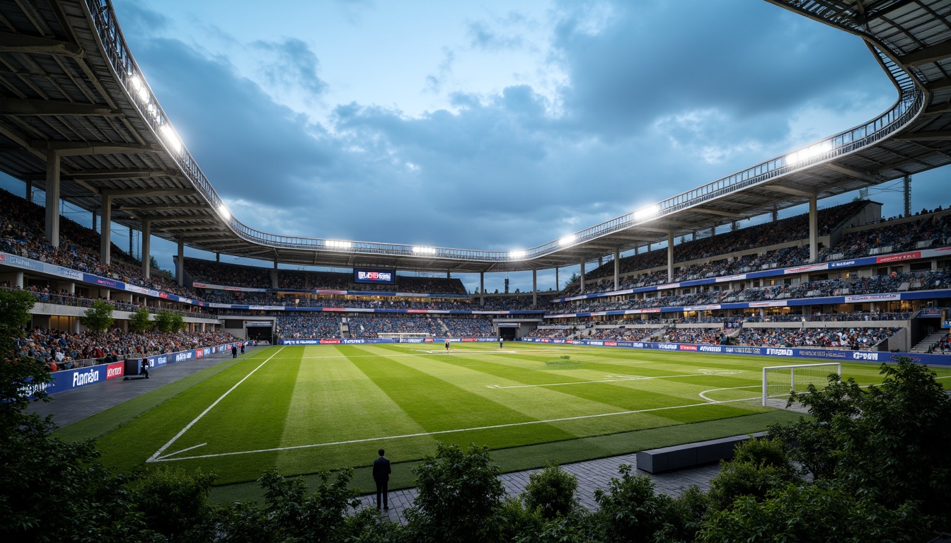 Prompt: Vibrant football stadium, dynamic curves, sleek lines, metallic fa\u00e7ade, cantilevered roofs, open-air seating, tiered stands, floodlighting, lush greenery, urban landscape, modern structuralism style, brutalist architecture, raw concrete textures, bold geometric patterns, asymmetrical composition, low-angle shot, dramatic lighting, high-contrast colors, atmospheric mist.