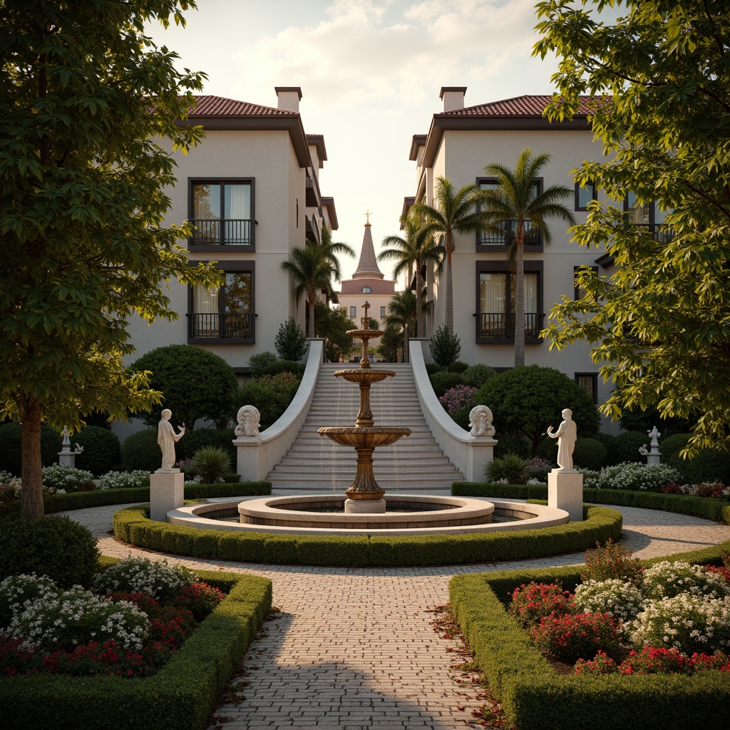 Prompt: Ornate fountain, grand staircase, intricately carved stone statues, lush greenery, vibrant flowers, ornamental hedges, decorative topiaries, meandering walkways, rustic stone paths, majestic trees, dramatic lighting, warm golden hour, soft focus, shallow depth of field, 1/2 composition, symmetrical framing, realistic textures, ambient occlusion.