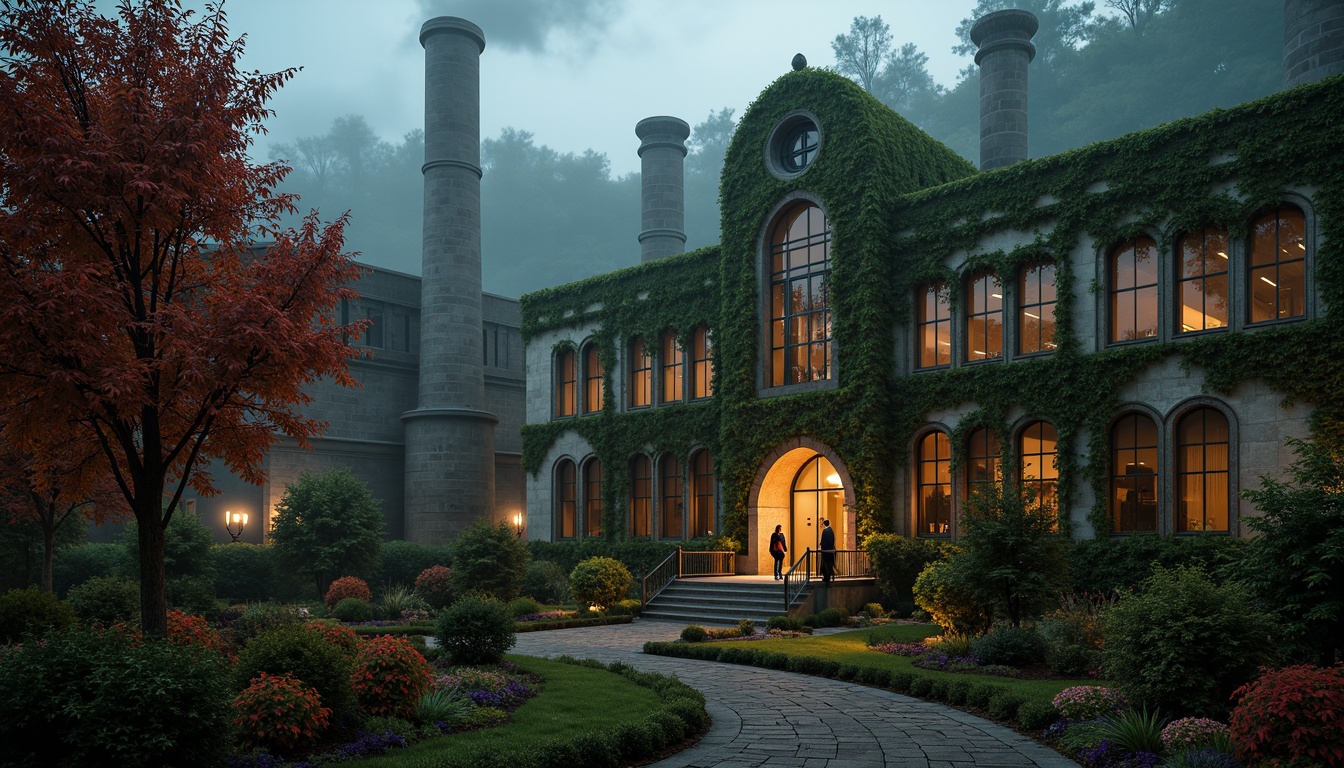 Prompt: Mysterious Gothic-style power plant, overgrown with vines, moss-covered stone walls, industrial machinery, steam pipes, eerie fog, misty atmosphere, dark mysterious night, golden warm lighting, dramatic shadows, medieval-inspired architecture, intricate stone carvings, grandiose entrance gates, sprawling gardens, twisted tree branches, crimson red foliage, autumn colors, rustic wooden bridges, winding stone pathways, lantern-style streetlights, mystical ambient sounds.