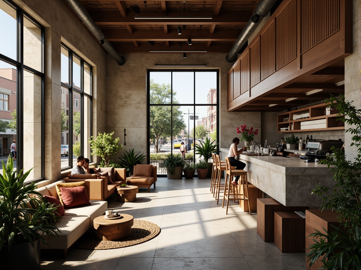 Prompt: Modern coffee shop, limestone walls, rustic wooden accents, industrial metal fixtures, cozy seating areas, warm ambient lighting, natural stone flooring, earthy tone color palette, organic textures, botanical decorations, lush greenery, urban cityscape, afternoon sunlight, shallow depth of field, 1/2 composition, realistic renderings.