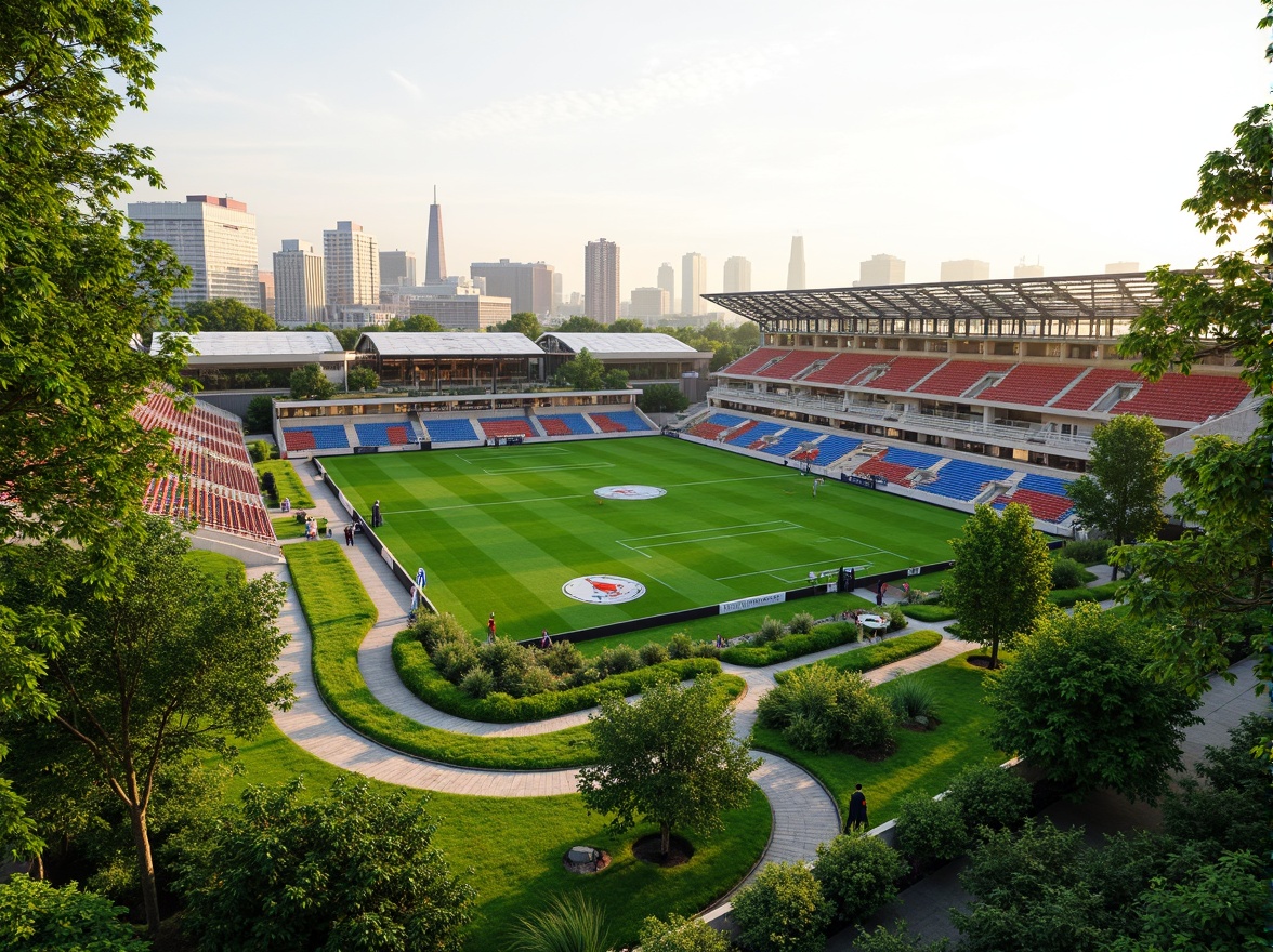 Prompt: Vibrant green stadium, lush vegetation, winding walking trails, natural stone seating areas, integrated landscape design, modern architecture, curved lines, sleek metal structures, transparent glass facades, ambient lighting, warm sunny day, shallow depth of field, 3/4 composition, panoramic view, realistic textures, ambient occlusion, urban skyline views, cityscape background, bustling streets, vibrant crowd atmosphere.