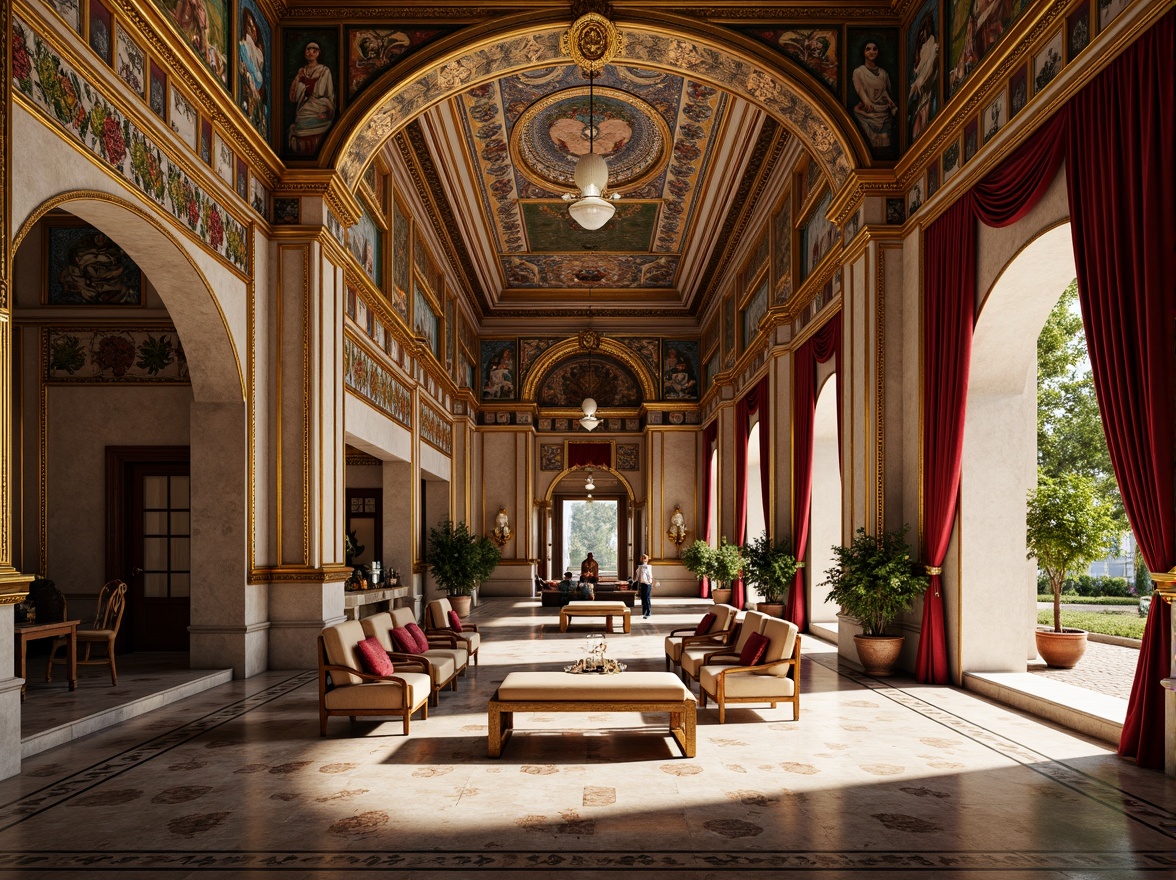 Prompt: Byzantine-style interior, ornate mosaics, gold leaf accents, intricate patterns, vibrant colors, marble floors, ornamental arches, grand domes, lavish decorations, luxurious fabrics, velvet drapes, regal atmosphere, soft warm lighting, shallow depth of field, 1/2 composition, realistic textures, ambient occlusion.