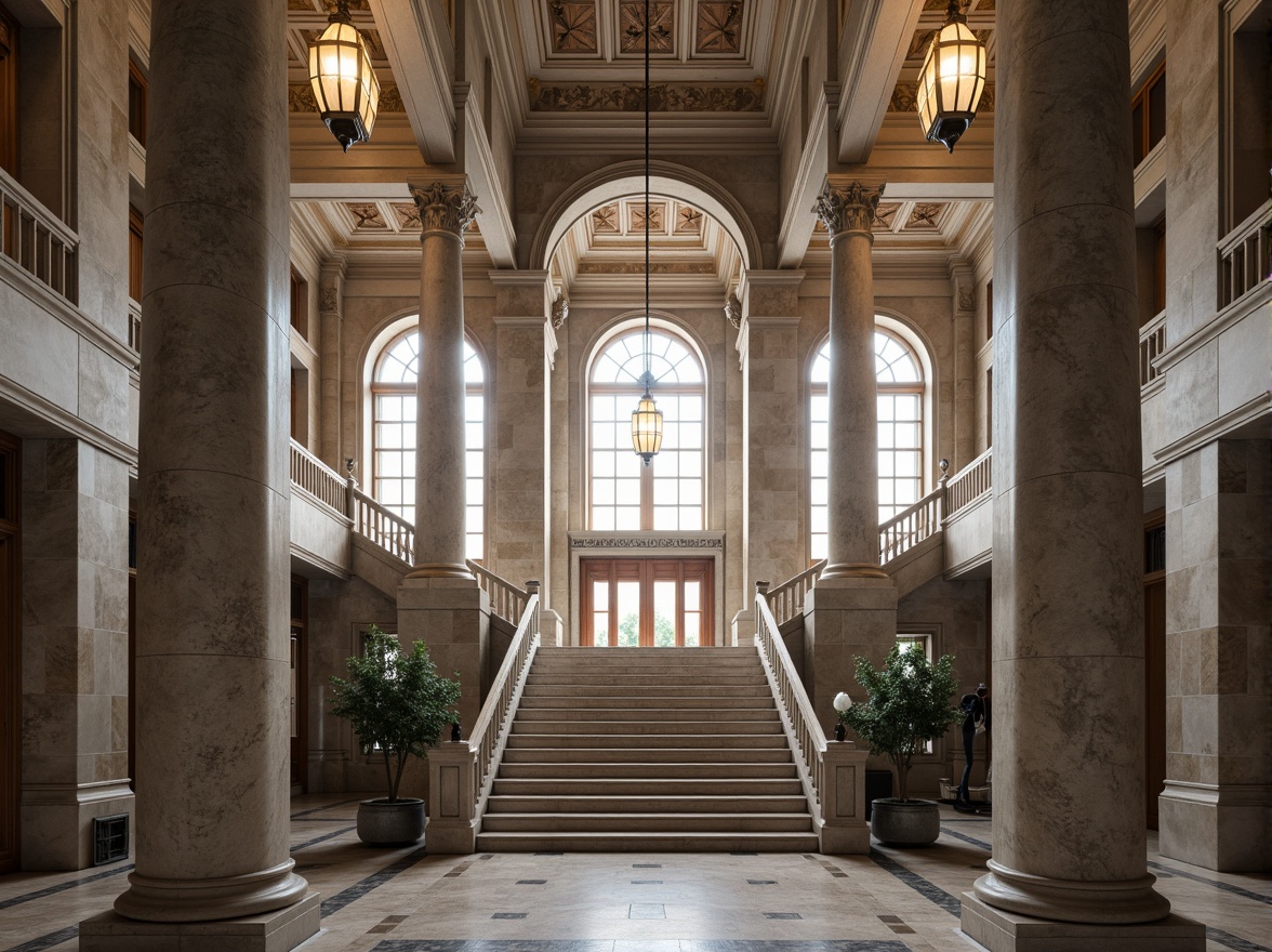 Prompt: Grandiose government building, imposing stone columns, ornate Corinthian capitals, rusticated base, symmetrical facade, arched windows, grand entrance, sweeping staircase, high ceilings, intricate moldings, luxurious marble floors, solemn atmosphere, soft natural lighting, shallow depth of field, 2/3 composition, realistic textures, ambient occlusion.