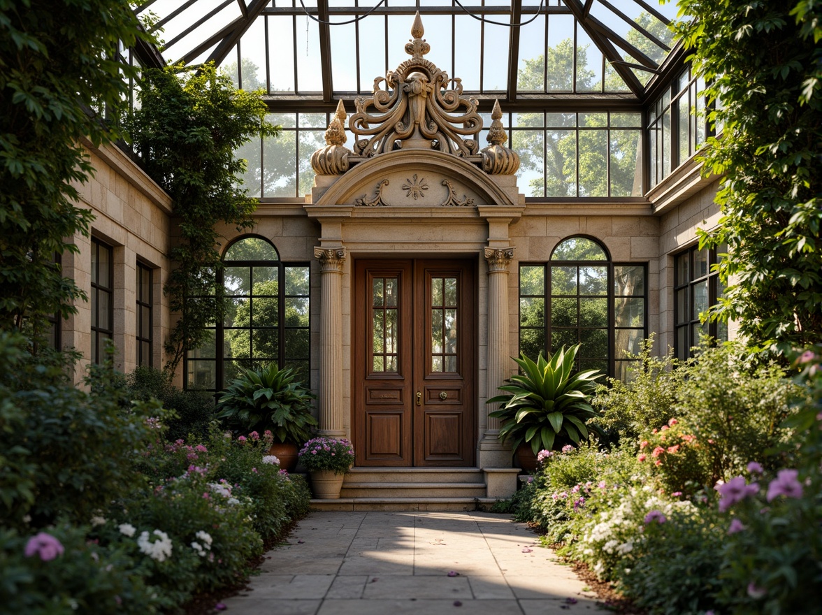 Prompt: Ornate greenhouse facade, Baroque architectural style, lush greenery, intricate stone carvings, grand entranceways, sweeping arches, ornamental metalwork, stained glass windows, vibrant flower arrangements, natural stone walls, rustic wooden doors, soft warm lighting, shallow depth of field, 1/2 composition, close-up view, realistic textures, ambient occlusion.