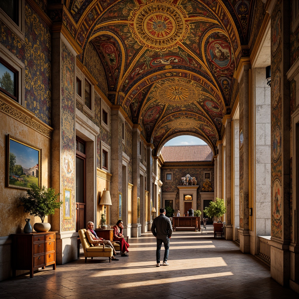 Prompt: Intricate mosaics, golden accents, rich jewel tones, ornate patterns, textured stone walls, majestic arches, grand domes, vibrant frescoes, luminous apses, ornamental columns, intricate capitals, luxurious drapery, lavish furnishings, warm candlelight, soft warm shadows, atmospheric perspective, 3/4 composition, realistic textures, ambient occlusion.