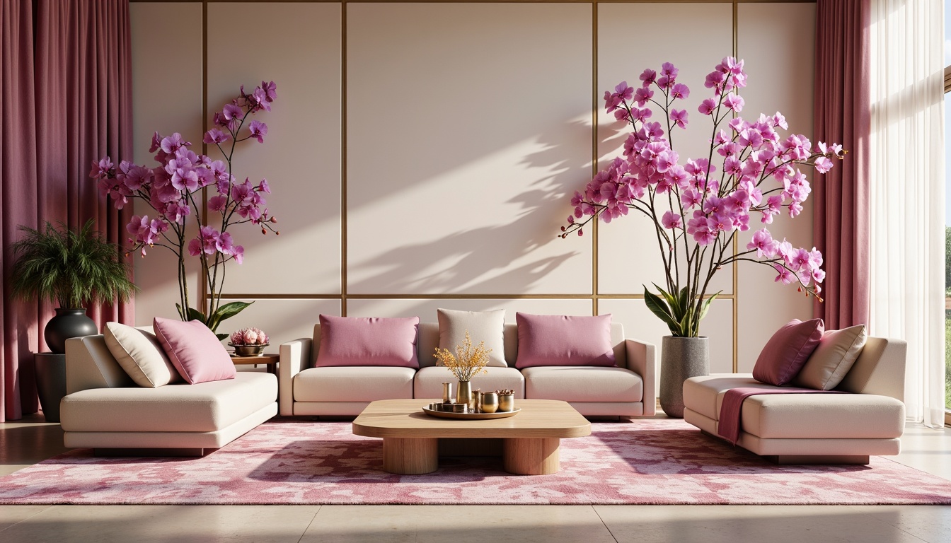 Prompt: Luxurious orchid-inspired interior design, soft pastel hues, delicate petals, whimsical floral patterns, velvet textures, metallic accents, elegant furniture shapes, sophisticated color blocking, warm beige backgrounds, subtle cream highlights, rich plum undertones, velvety matte finishes, diffused natural light, atmospheric ambiance, 1/1 composition, shallow depth of field, realistic reflections.