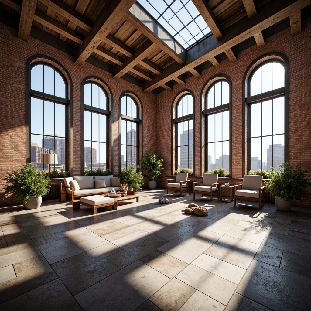 Prompt: Industrial chic loft, exposed brick walls, high ceilings, large windows, clerestory windows, skylights, natural stone floors, reclaimed wood beams, minimalist decor, urban cityscape views, bright sunny day, soft warm lighting, shallow depth of field, 1/1 composition, panoramic view, realistic textures, ambient occlusion.