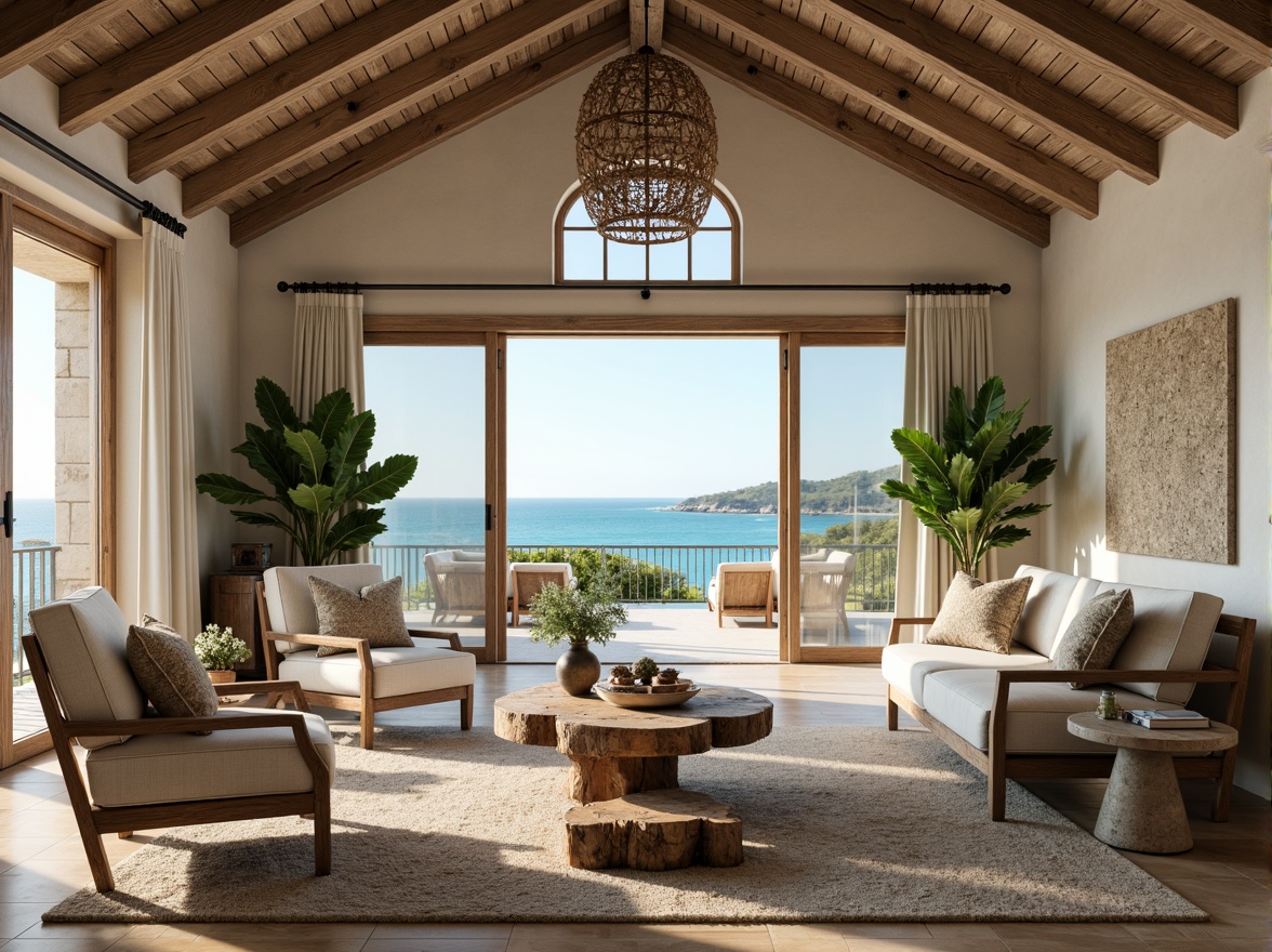 Prompt: Serene ocean views, driftwood accents, natural woven fibers, soft beige upholstery, distressed wood furniture, nautical-themed decor, calming color palette, soothing turquoise hues, creamy whites, weathered stone walls, vaulted ceilings, large windows, sliding glass doors, comfortable reading nooks, plush area rugs, organic shaped coffee tables, rustic metal lighting fixtures, tropical plants, natural textiles, relaxed atmosphere, warm cozy ambiance, shallow depth of field, 2/3 composition, softbox lighting.