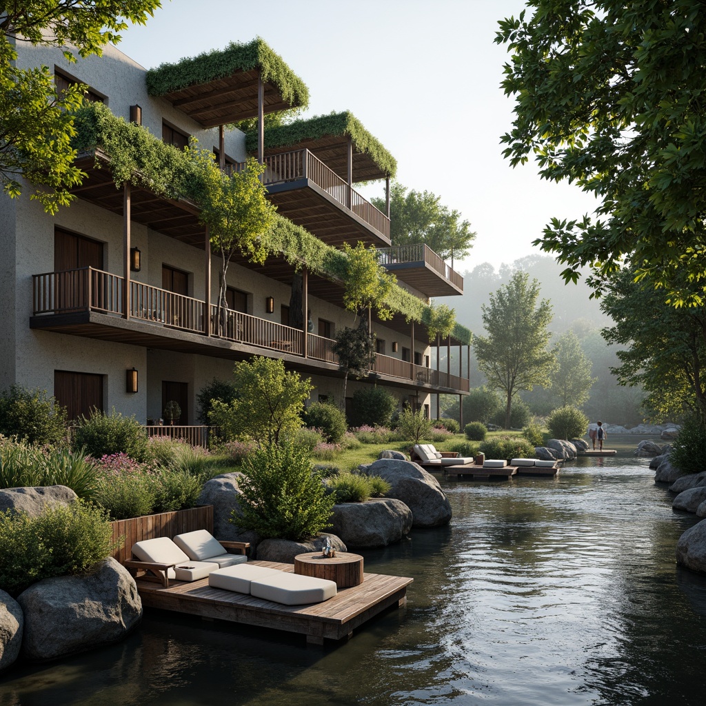 Prompt: Riverbank architecture, natural stone walls, rough-hewn wood accents, rustic metal railings, weathered wooden docks, driftwood decorations, pebbledash render, earthy tone color palette, lush greenery overhangs, wildflower arrangements, rippling water reflections, soft misty lighting, shallow depth of field, 2/3 composition, panoramic view, realistic textures, ambient occlusion.