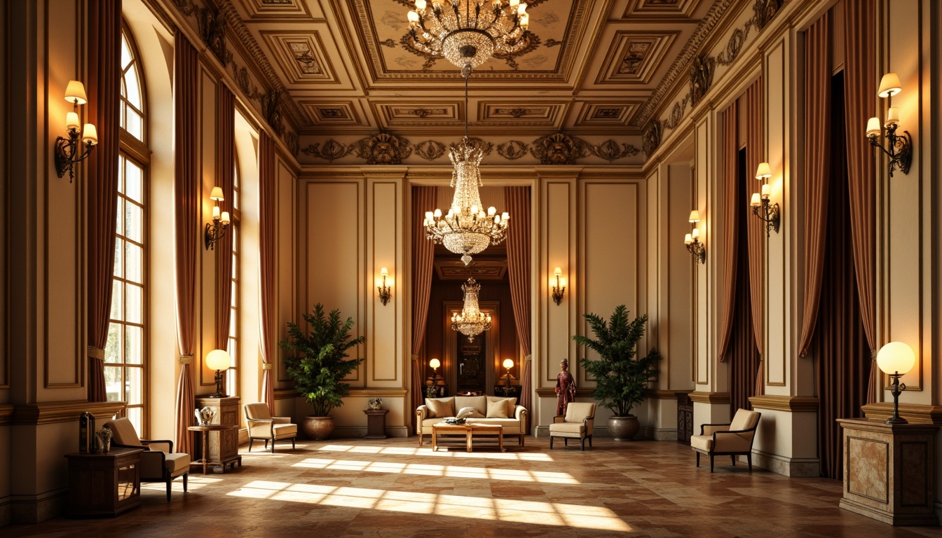 Prompt: Grandiose classical architecture, ornate columns, carved marble details, soft warm golden lighting, crystal chandeliers, cove ceiling fixtures, subtle wall sconces, elegant floor lamps, rich velvet drapes, intricate moldings, ornamental plasterwork, lavish furnishings, warm beige tones, soft shadows, dramatic high contrast, 1/2 composition, shallow depth of field, realistic textures, ambient occlusion.