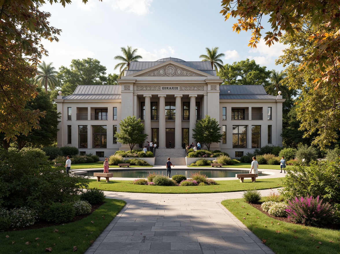 Prompt: Elegant library building, neoclassical architecture, grand entrance, ionic columns, ornate details, lush greenery, manicured lawns, blooming flowers, tranquil water features, walking paths, natural stone paving, rustic benches, classical statues, symmetrical gardens, topiary plants, soft warm lighting, shallow depth of field, 3/4 composition, panoramic view, realistic textures, ambient occlusion.