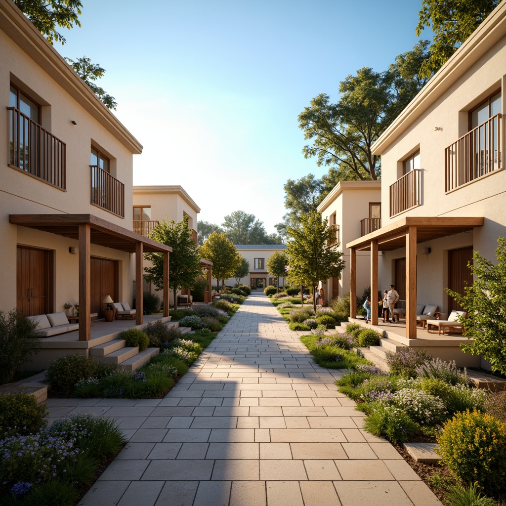 Prompt: Cozy residential streets, warm beige buildings, soft pastel hues, gentle earth tones, calming blue accents, lush green landscapes, vibrant flowerbeds, natural stone pavements, wooden fences, inviting porches, comfortable outdoor seating, warm golden lighting, shallow depth of field, 1/1 composition, realistic textures, ambient occlusion.