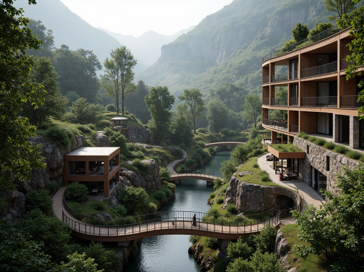 Prompt: Mountainous terrain, lush vegetation, meandering streams, rugged stone formations, weathered wooden bridges, modern infrastructure integration, sleek metal railings, cantilevered walkways, organic architecture, earthy tones, natural stone cladding, reclaimed wood accents, living roofs, green walls, solar panels, rainwater harvesting systems, misty atmospheric conditions, soft diffused lighting, aerial perspective, 2/3 composition, cinematic depth of field.