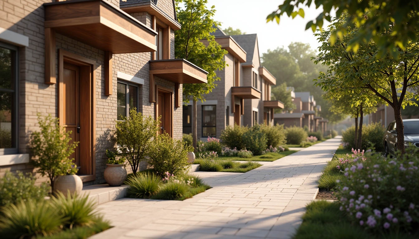 Prompt: Cozy residential streets, warm earthy tones, soft pastel hues, natural stone facades, brick exteriors, wooden accents, lush greenery, blooming flowers, serene atmosphere, warm sunny day, gentle lighting, shallow depth of field, 1/1 composition, realistic textures, ambient occlusion.