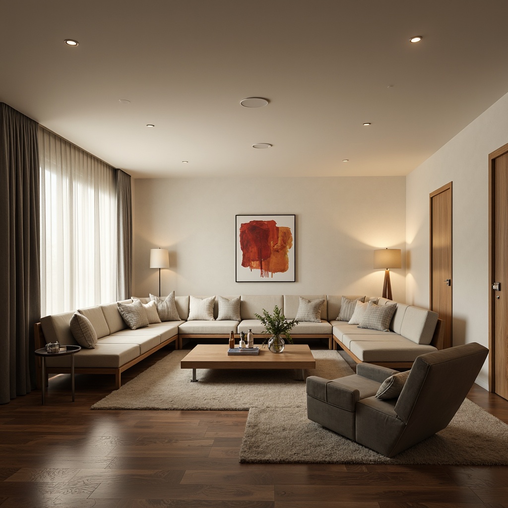 Prompt: Modern living room, minimal ornamentation, sleek lines, functional furniture, sectional sofas, coffee tables, floor lamps, abstract artwork, neutral color palette, cream-colored walls, dark wood flooring, ambient lighting, 1/1 composition, shallow depth of field, realistic textures, soft warm glow, cozy atmosphere.