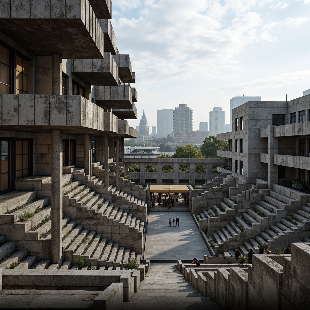 Prompt: Rugged amphitheater, brutalist architecture, raw concrete structures, exposed ductwork, industrial pipes, reinforced steel beams, angular staircases, cantilevered balconies, monumental scale, dramatic shadows, harsh natural light, bold geometric forms, fortress-like walls, urban landscape, cityscape views, overcast skies, low-key lighting, wide-angle lens, 2/3 composition, high-contrast textures, ambient occlusion.