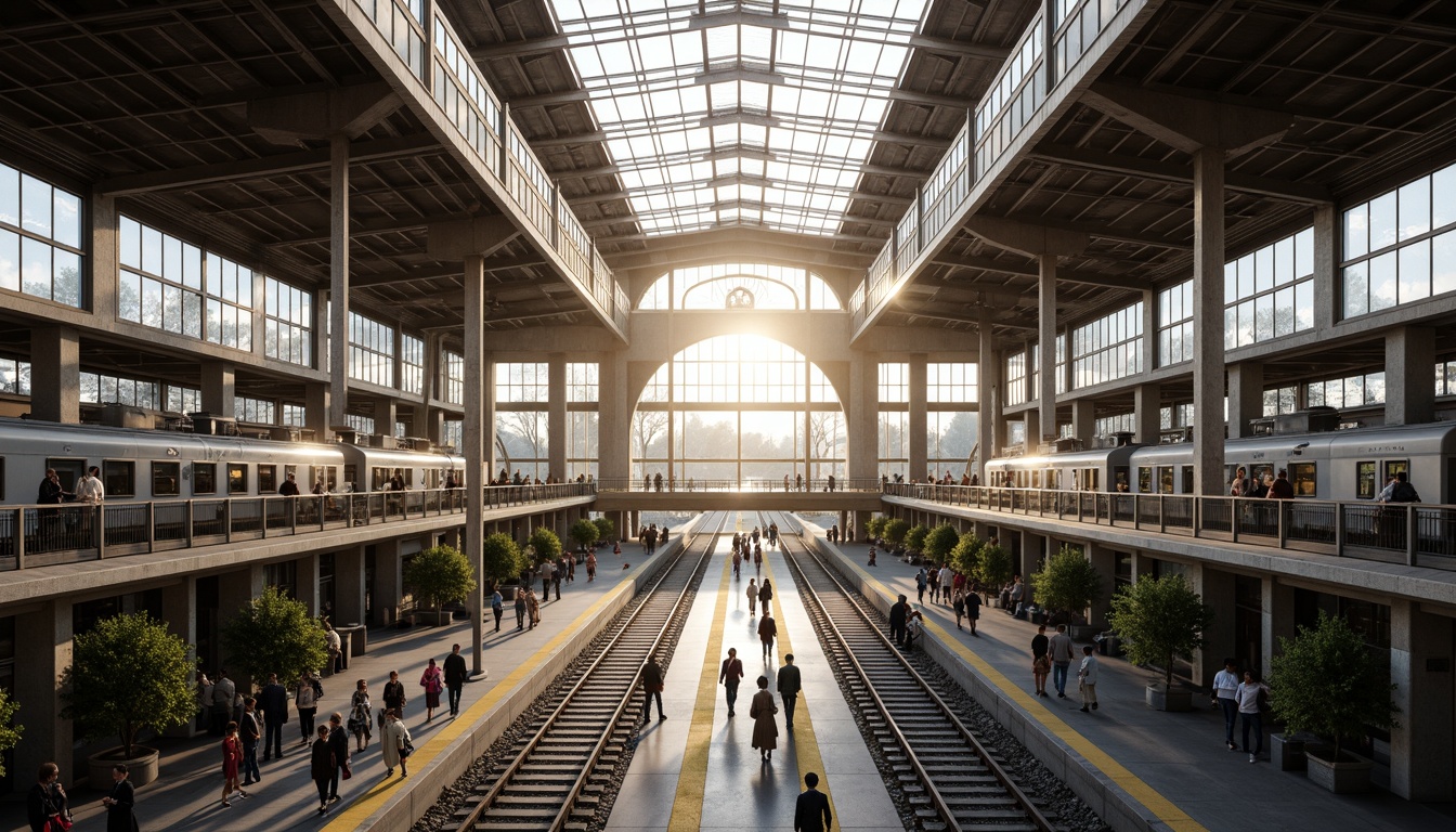 Prompt: Grand train station, high ceilings, large windows, clerestory lighting, natural ventilation systems, open atriums, cantilevered roofs, steel beams, exposed ductwork, modern industrial design, urban cityscape, bustling atmosphere, rush hour crowds, morning sunlight, soft warm glow, shallow depth of field, 1/1 composition, realistic textures, ambient occlusion.