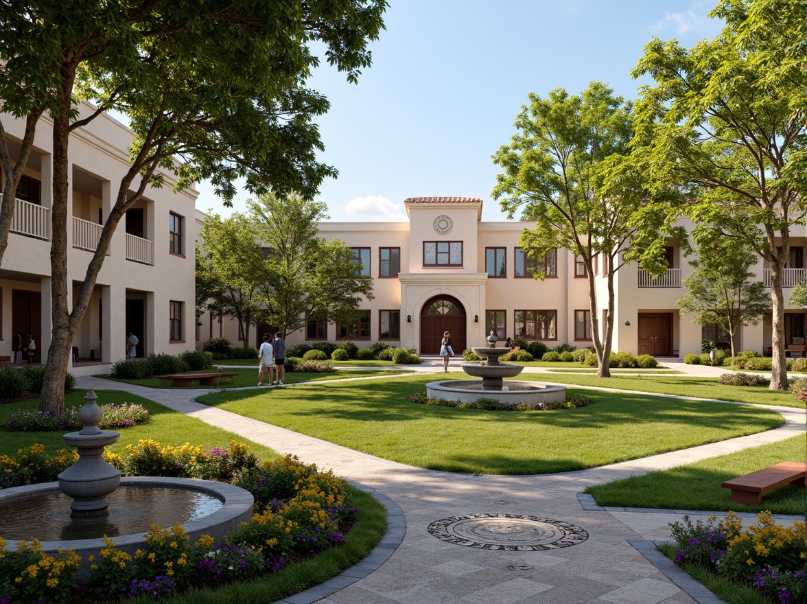 Prompt: Majestic Byzantine-style middle school buildings, lush green lawns, vibrant flowerbeds, ornate stone fountains, meandering walkways, mature trees with sprawling canopies, rustic wooden benches, educational signage, intricate tile mosaics, grand arches, ornate columns, soft warm lighting, shallow depth of field, 3/4 composition, panoramic view, realistic textures, ambient occlusion.