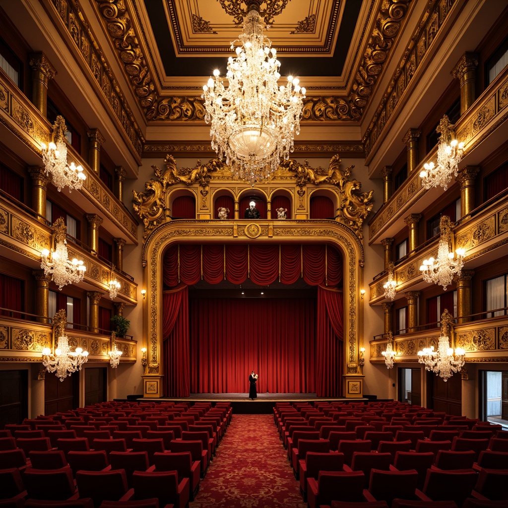 Prompt: Grand opera house, ornate detailing, gilded moldings, velvet drapes, crystal chandeliers, intricate carvings, luxurious fabrics, red carpet, golden balconies, Baroque-inspired architecture, opulent decorations, dramatic lighting, warm spotlights, soft shadows, 1/1 composition, high-contrast rendering, realistic reflections, ambient occlusion.