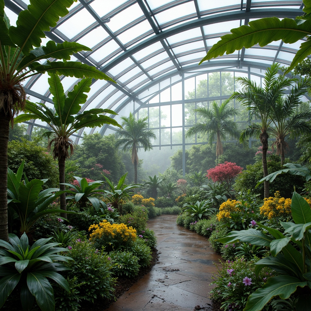 Prompt: Vibrant greenhouse, lush tropical plants, misty atmosphere, natural ventilation systems, operable windows, solar-powered fans, curved metal frames, polycarbonate roofs, translucent walls, organic shapes, fluid lines, expressive structures, bright colorful accents, whimsical decorative elements, airy open spaces, soft diffused lighting, shallow depth of field, 1/1 composition, panoramic view, realistic textures, ambient occlusion.