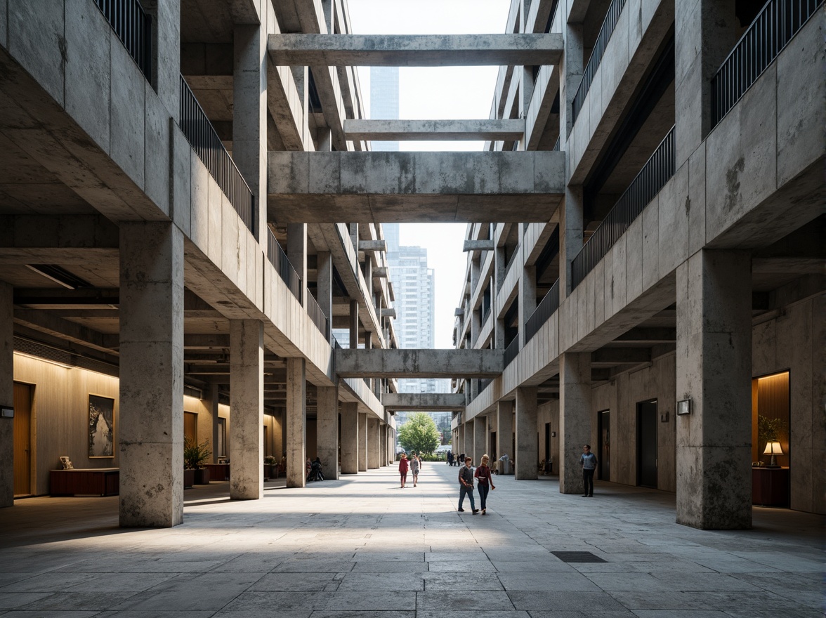 Prompt: Rough concrete walls, exposed ductwork, industrial metal beams, raw steel columns, brutalist architecture, functional simplicity, minimalist decor, cold harsh lighting, vast open spaces, airy atriums, rugged stone floors, distressed wood accents, weathered metal cladding, urban cityscape views, dramatic shadows, high contrast ratio, 1/1 composition, symmetrical framing, realistic textures, ambient occlusion.