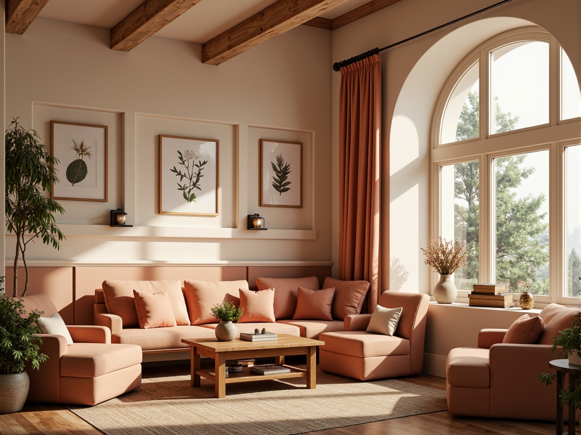 Prompt: Soft peach tones, creamy whites, rich wood accents, earthy terracotta hues, calming blues, natural linen textures, botanical illustrations, elegant typography, subtle gradient effects, warm golden lighting, shallow depth of field, 1/1 composition, intimate atmosphere, cozy reading nooks, plush furniture upholstery, ornate metal fixtures, vintage decorative accessories.