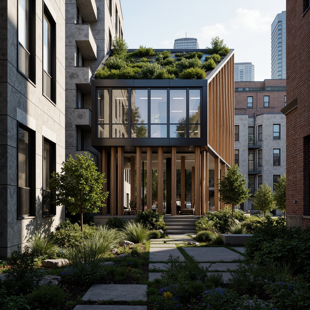 Prompt: Rustic stone walls, smooth glass facades, rough wooden accents, polished metal details, velvety green roofs, intricate brick patterns, modern concrete structures, industrial chic aesthetic, urban cityscape, dramatic shading, high contrast ratio, 1/1 composition, shallow depth of field, realistic materials, ambient occlusion.