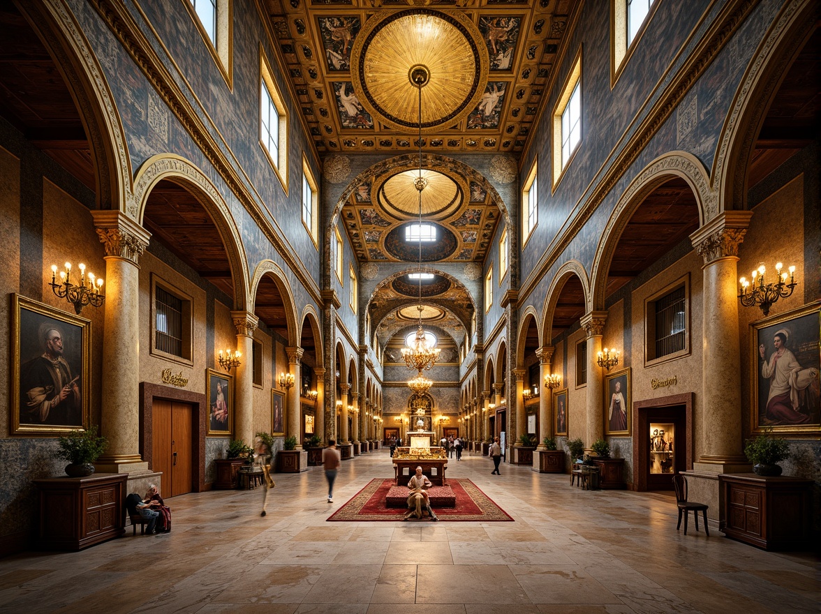 Prompt: Intricate mosaics, golden accents, ornate patterns, Byzantine architecture, grand domes, vaulted ceilings, marble floors, ornamental arches, decorative columns, lavish furnishings, rich textiles, luxurious fabrics, intricate iconography, biblical scenes, heavenly motifs, shimmering light effects, warm ambient glow, subtle color palette, detailed textures, realistic reflections, shallow depth of field, 1/1 composition, symmetrical framing.