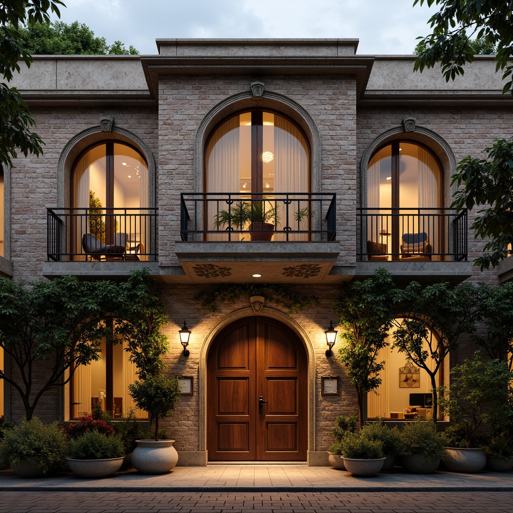 Prompt: Renaissance-style hostel, ornate facade, grand entrance, arched windows, intricately carved stonework, warm golden lighting, rustic wooden doors, distressed brick walls, vintage metal lanterns, lush greenery, flowering vines, classic columns, ornamental balconies, soft morning light, shallow depth of field, 1/2 composition, realistic textures, ambient occlusion.