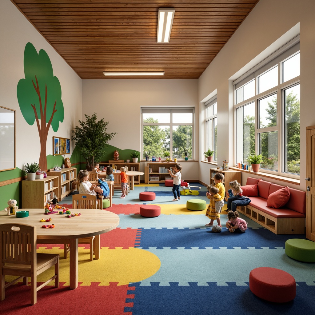 Prompt: Vibrant kindergarten, playful murals, colorful carpeted floors, kid-friendly furniture, interactive whiteboards, educational toys, building blocks, art stations, reading nooks, cozy corners, natural wood accents, circular tables, collaborative seating, soft warm lighting, shallow depth of field, 1/1 composition, intimate atmosphere, realistic textures, ambient occlusion.