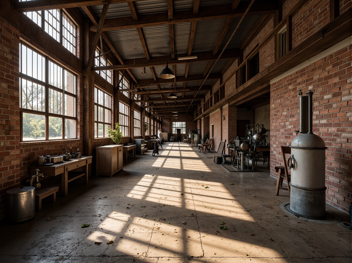 Prompt: Rustic industrial warehouse, galvanized steel beams, fire brick walls, distressed wooden floors, metal roofing, vintage machinery, reclaimed wood accents, earthy color palette, warm soft lighting, shallow depth of field, 1/1 composition, realistic textures, ambient occlusion.