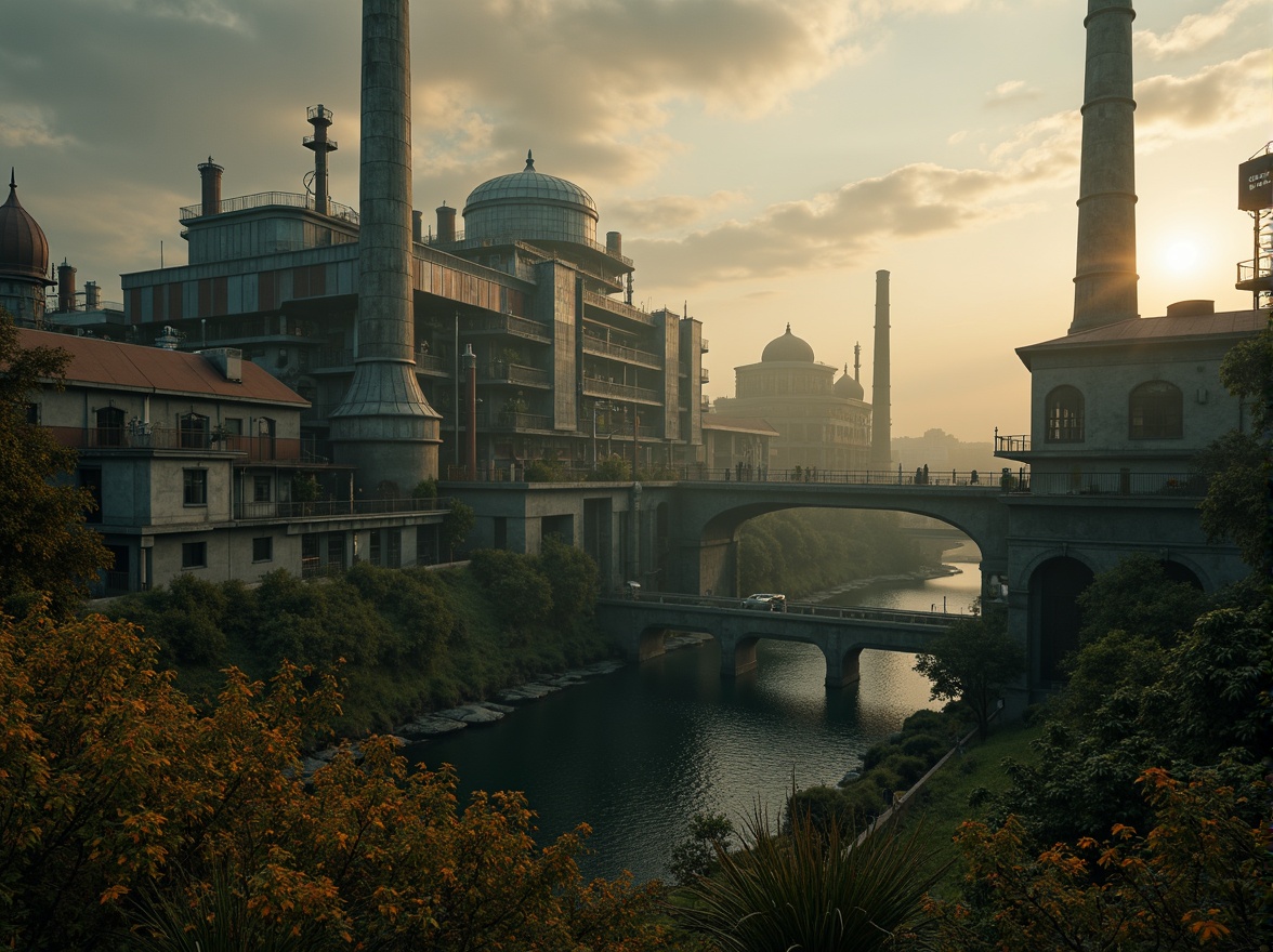 Prompt: Mysterious industrial landscape, Gothic-style energy plant, intricately detailed architecture, rusty metal pipelines, dramatic smokestacks, misty atmospheric effects, overgrown vegetation, wildflowers, moss-covered stone walls, eerie twilight ambiance, warm golden lighting, high contrast shadows, cinematic composition, 1/1 aspect ratio, realistic fog simulation.