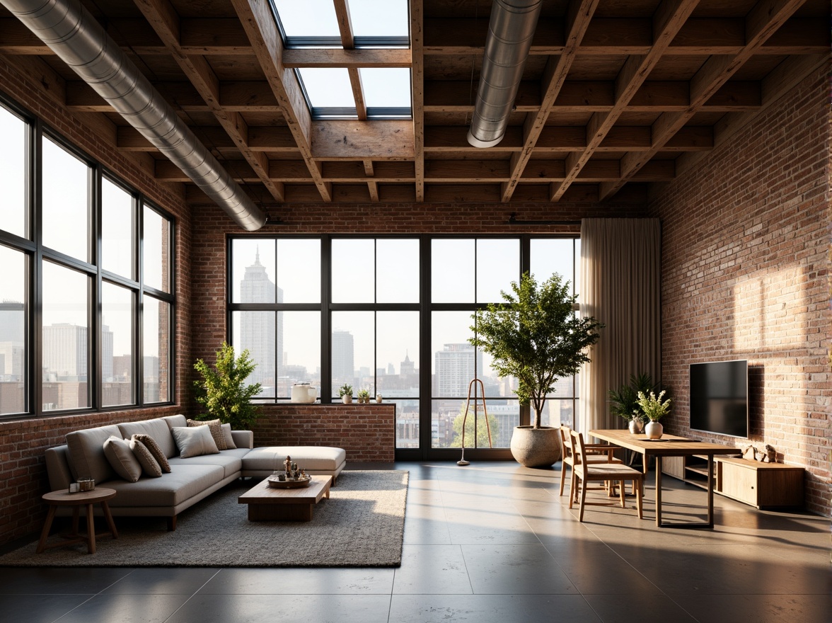 Prompt: Airy loft space, industrial chic decor, exposed brick walls, wooden beam ceilings, metal framing, floor-to-ceiling windows, sliding glass doors, clerestory windows, skylights, natural textures, earthy color palette, minimal ornamentation, functional furniture, open-plan living, urban views, cityscape backdrop, soft warm lighting, high contrast ratio, shallow depth of field, 1/1 composition, realistic render, ambient occlusion.