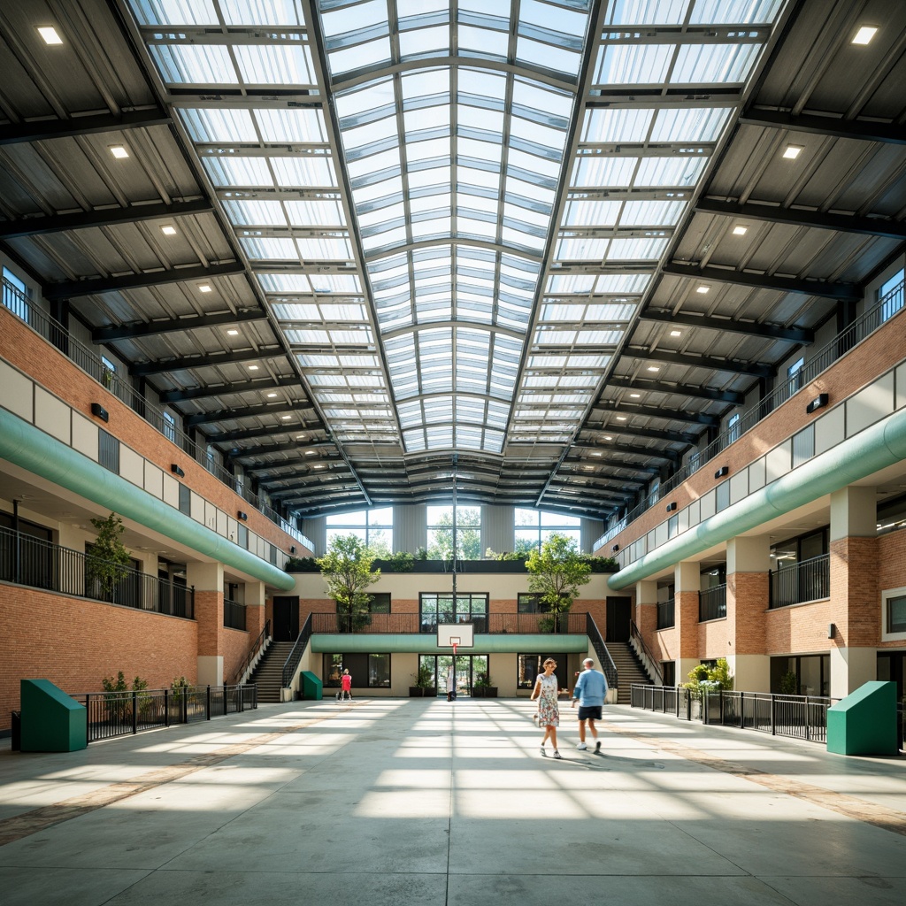 Prompt: Modern gymnasium building, curved rooflines, translucent skylights, clerestory windows, steel beams, exposed ductwork, polished concrete floors, athletic equipment, basketball courts, tennis tables, vibrant color accents, natural ventilation systems, green roofs, solar panels, rainwater harvesting systems, wind turbines, eco-friendly materials, innovative drainage solutions, 3/4 composition, low-angle shot, softbox lighting, realistic textures, ambient occlusion.