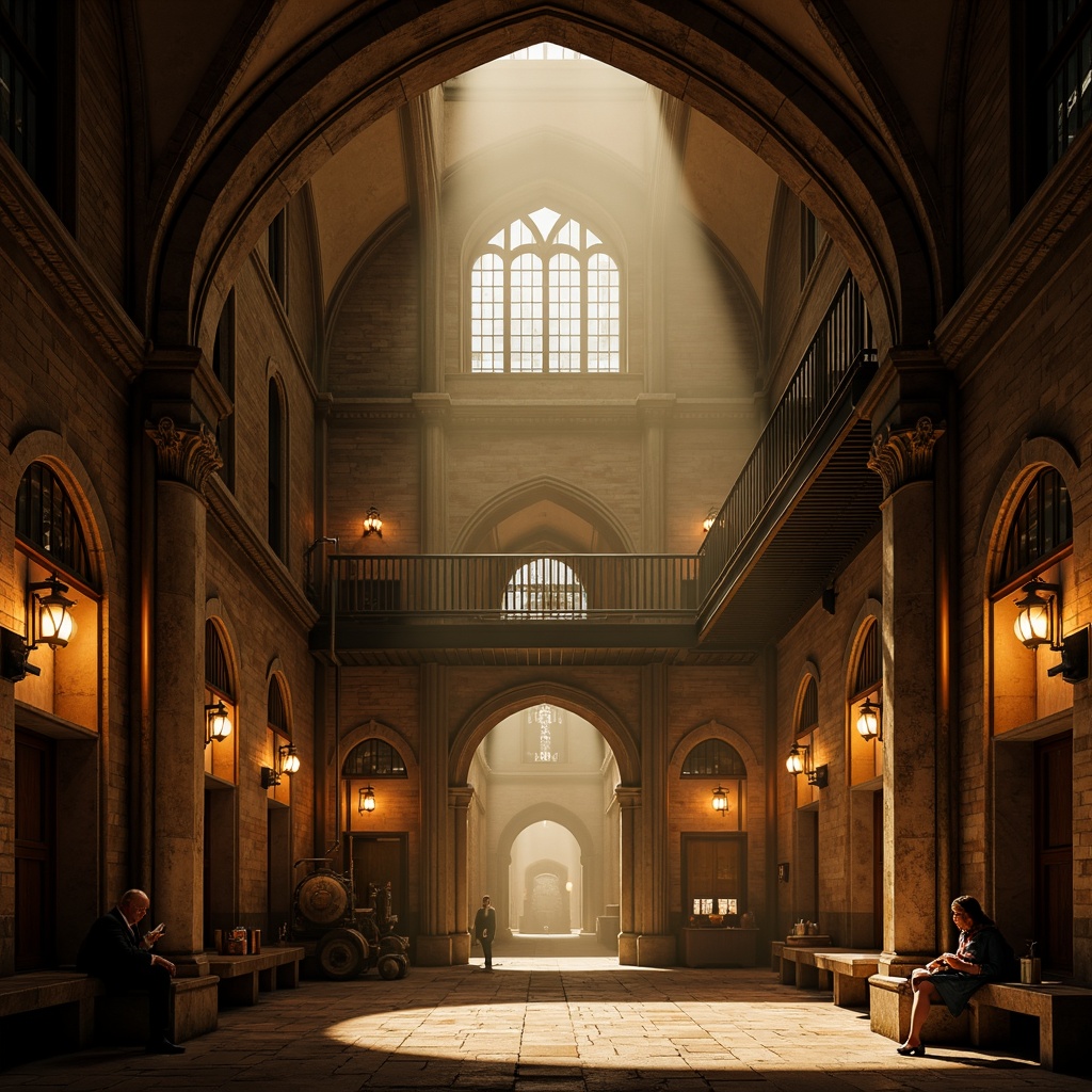 Prompt: Intricate archways, ribbed vaults, pointed spires, grandiose entrance halls, ornate stone carvings, mysterious ambiance, industrial machinery, steam pipes, metallic catwalks, exposed brick walls, dramatic lighting, warm golden tones, atmospheric fog, eerie mist, 1/1 composition, low-angle shot, cinematic mood, realistic textures, advanced particle simulation.