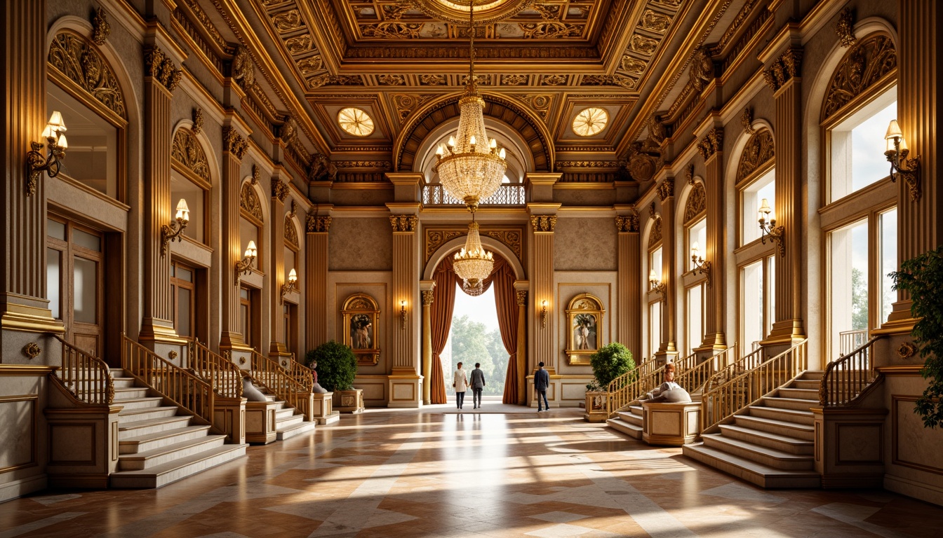 Prompt: Opulent Baroque palace, grandiose entrance, symmetrical fa\u00e7ade, ornate decorations, golden accents, marble columns, sweeping staircases, intricate moldings, lavish chandeliers, majestic domes, rhythmic arches, perfect bilateral symmetry, central axis, radial balance, classical proportions, harmonious geometry, warm golden lighting, soft focus, atmospheric perspective, 1/2 composition, ornate frame, realistic textures, subtle ambient occlusion.