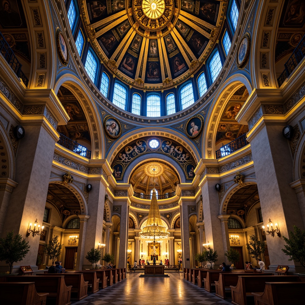 Prompt: Intricate domes, ornate gold mosaics, vibrant blue hues, majestic cathedral interiors, grandiose arches, ornamental columns, marble floors, luxurious chandeliers, mystical religious icons, atmospheric lighting, dramatic shadows, 3/4 composition, symmetrical arrangement, warm golden tones, ornate stone carvings, Byzantine-inspired patterns.