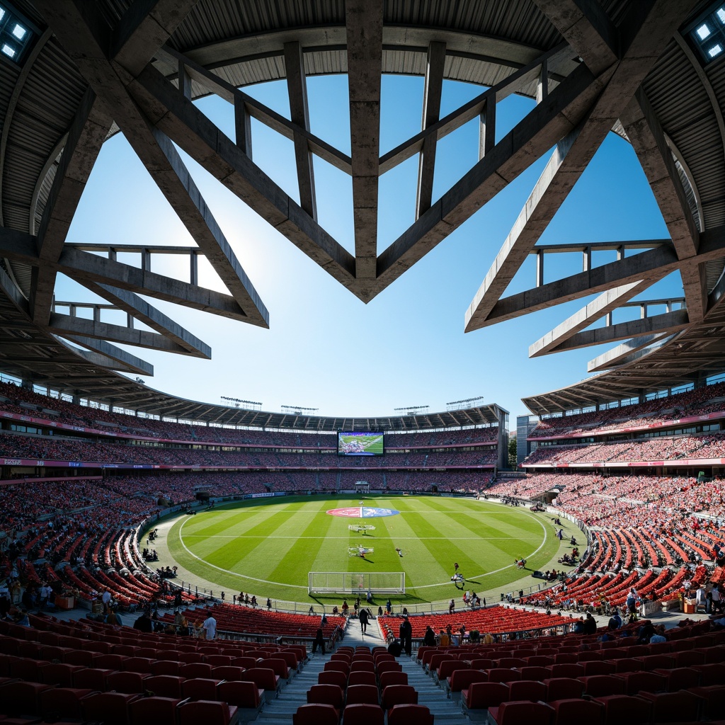 Prompt: Dynamic football stadium, structuralist architecture, cantilevered roofs, exposed steel beams, reinforced concrete columns, angular lines, bold geometric shapes, vibrant team colors, stadium seating, athletic track, lush green grass, goalposts, scoreboard displays, floodlighting, dramatic shading, low-angle photography, 1/2 composition, sharp contrast, high-contrast lighting, detailed textures, ambient occlusion.