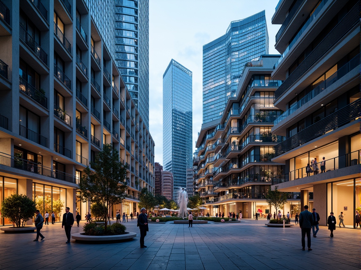 Prompt: Futuristic cityscape, sleek skyscrapers, angular metallic facades, cantilevered roofs, abstract geometric patterns, vibrant neon lights, urban plaza, pedestrian walkways, modern street furniture, dynamic reflections, shallow depth of field, 1/2 composition, low-angle shot, dramatic lighting, ambient occlusion, realistic textures, intricate architectural details.